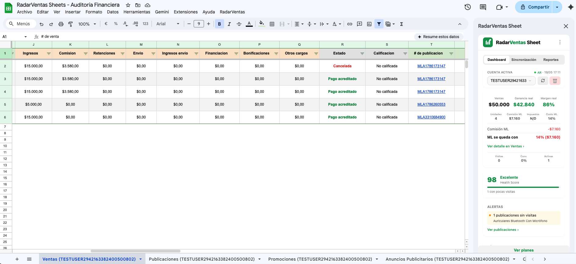 RadarVentas Sheet - Auditoría financiera de Mercado Libre en Google Sheets