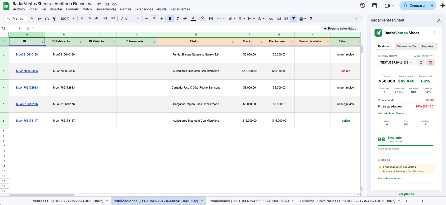 RadarVentas Sheet - Publicaciones con stock, precios y estado en Google Sheets