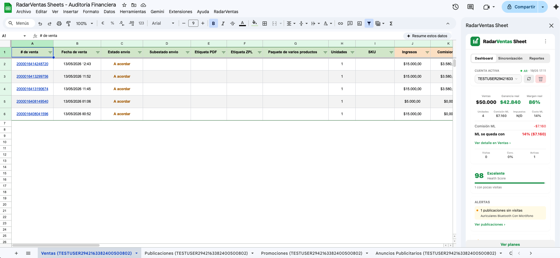 RadarVentas Sheet - Ventas sincronizadas con sidebar activo