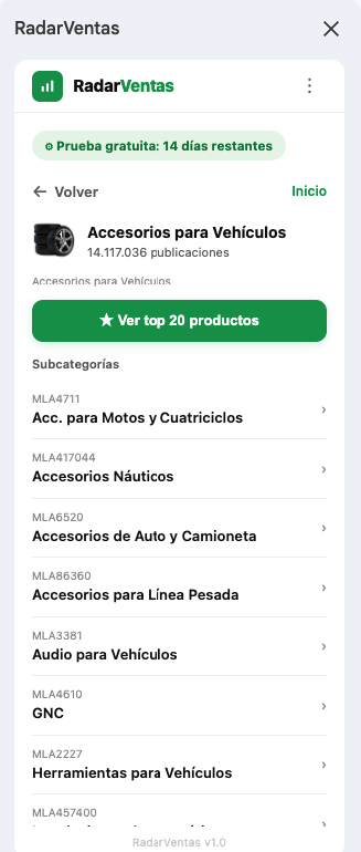 Subcategorías y top 20